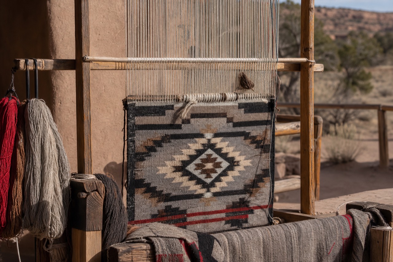 A Navajo weaver's upright loom with a partly finished patterned rug in warm desert light