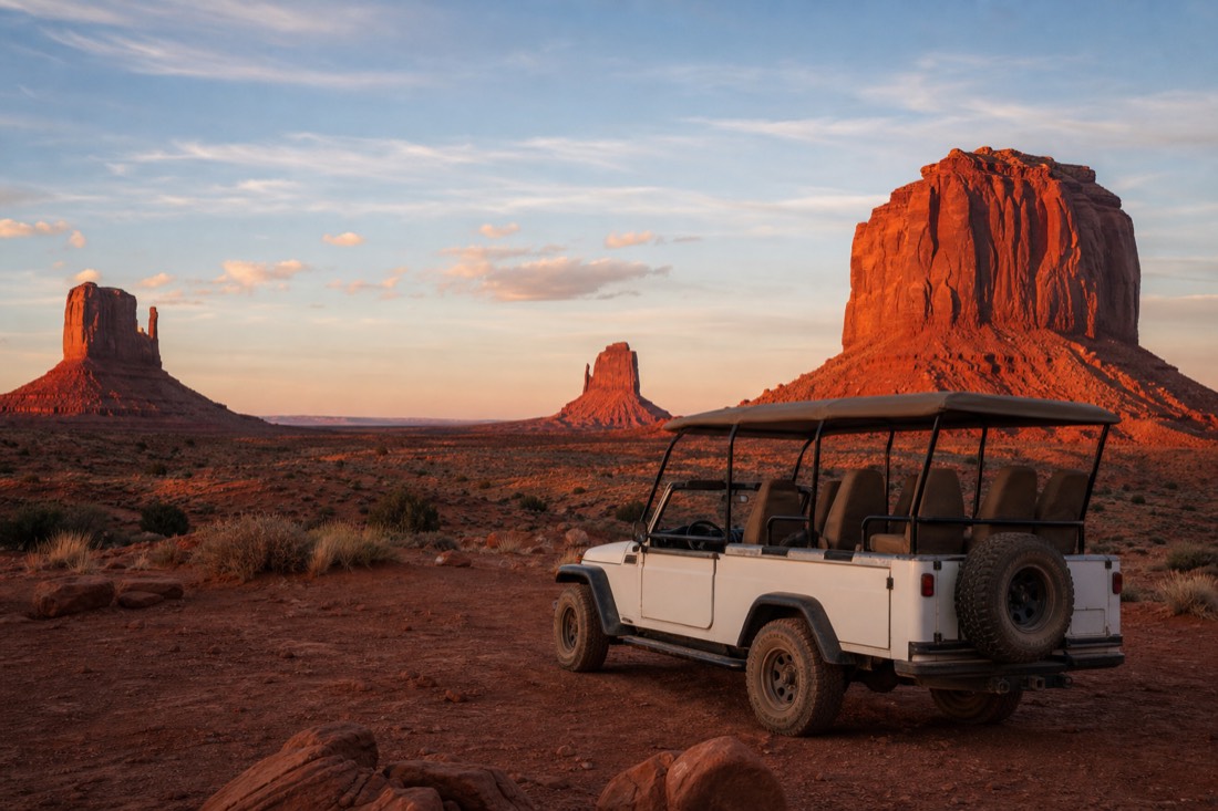 An open-air tour jeep parked as the buttes glow deep red under the last low sunset light of Monument Valley
